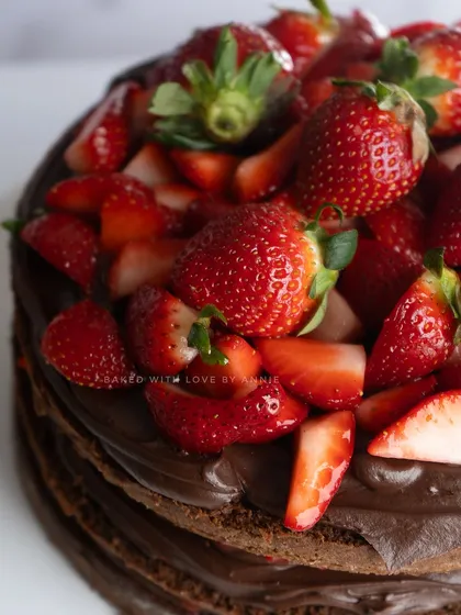 A close-up of my Chocolate and Strawberry cake. The combination of rich chocolate and juicy strawberries is a classic for a reason.