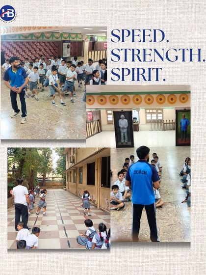 "Speed. Strength. Spirit." This collage captures the core elements of our school sports program, showing students engaged in running drills and listening to their coach's instructions.