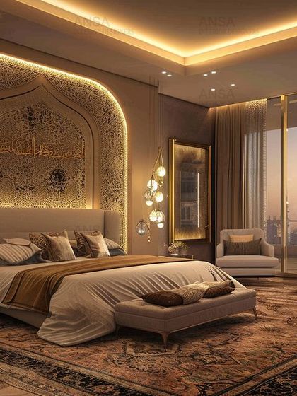 This bedroom is a masterpiece of Arabian-inspired luxury. The intricate arabesque headboard is the star of the room, complemented by warm gold tones, hanging globe lights, and a stunning panoramic view of the city skyline.