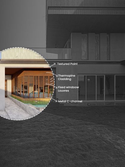 A graphic overlay on a photo of the Lakewood Residence, detailing the materials used for the ground floor facade, including thermopine cladding and fixed window louvres.