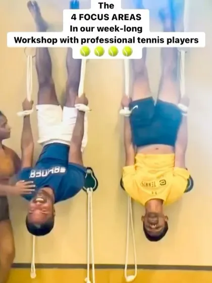 Fun with the ropes during our workshop with professional tennis players. Inversions like this are excellent for decompressing the spine after intense physical activity, and the ropes make it playful and accessible.