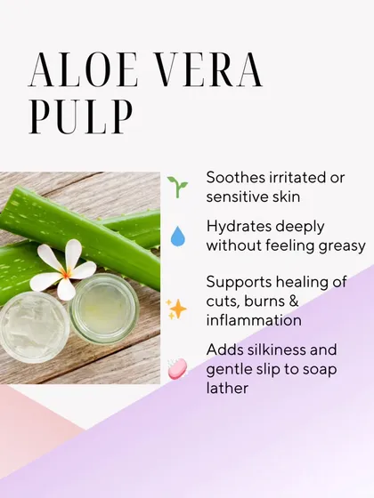 Aloe Vera Pulp, often straight from my garden, is incredibly soothing and hydrating. It adds a silky slip to the soap lather and is perfect for sensitive or irritated skin.