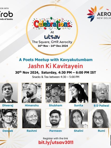 An invitation to 'Jashn ki Kavitayein', a poets' meetup with the Kavyakutumbam collective. We collaborate with artistic groups to host enchanting evenings of poetry and celebration.