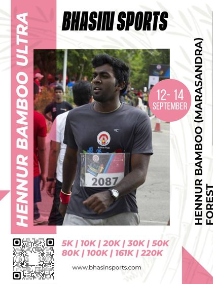 The focus and determination of an ultramarathon runner. This participant is deep into his race at the Hennur Bamboo Ultra, showcasing the grit it takes to complete the course.