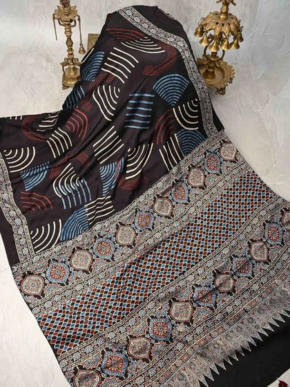 A modern take on block printing, this saree features abstract geometric patterns in a sophisticated color palette. The intricate border adds a touch of traditional craftsmanship.