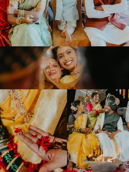 A collage capturing the emotional and candid moments of a wedding, including a reflection of the bride and her mother.