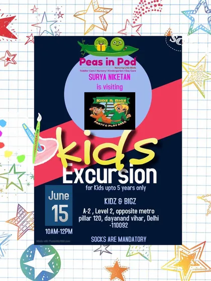 A promotional flyer for a "Kids Excursion" event for children up to 5 years old, showing that I partner with schools and groups for organized fun.