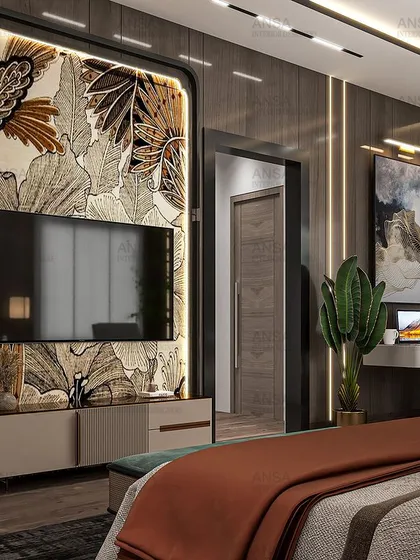 A closer look at the bedroom with the backlit floral panel, highlighting the integrated desk and TV area. This shows how a single feature wall can serve multiple purposes beautifully.