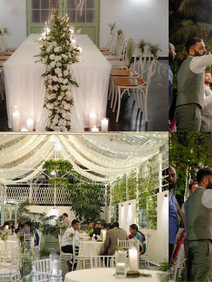 A collage showing the elegant dining setup inside a glasshouse-style venue, with a long table featuring a floral runner and candlelight.