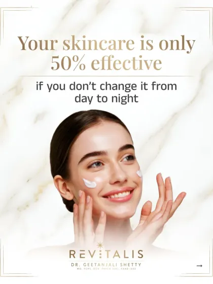 Your Skincare is 50% Less Effective if You Don't Change It From Day to Night. This carousel explains the importance of having separate AM and PM routines to align with your skin's natural cycle of defense and repair.