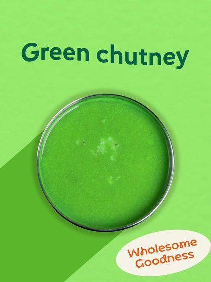 A bowl of bright green chutney, a refreshing and zesty side that I often include to add an extra kick of flavour to your meal.