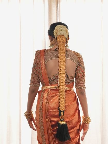 Additional views showcasing the variety and detail of my heirloom bridal sarees. Each image captures a different angle, moment, or detail, from full portraits to close ups of the fabric and embroidery, illustrating the complete story of each bride's custom creation.