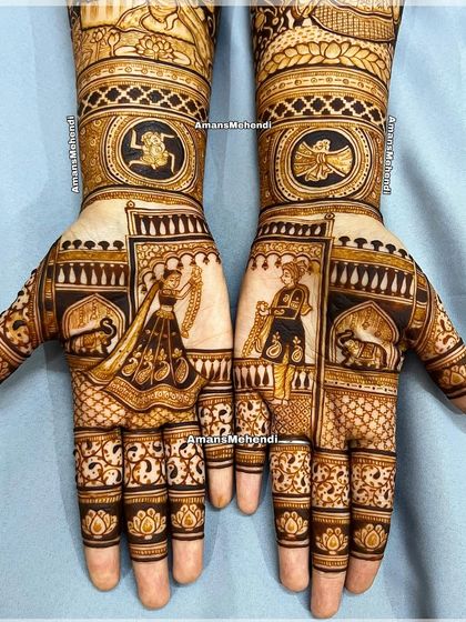 A divine bridal design featuring portraits of Shiv Parvati and Radha Krishna on the arms. The palms depict the bride and groom, creating a story of celestial and earthly love.