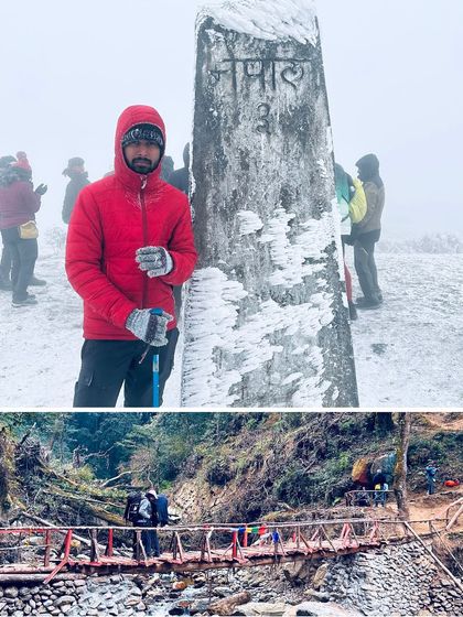This collage shows the varied terrain of the Sandakphu trek, from the snow covered Nepal border marker to a wooden bridge crossing a stream in the forest.