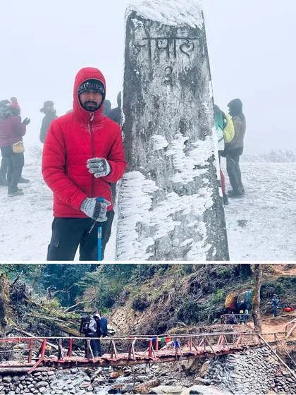 This collage shows the varied terrain of the Sandakphu trek, from the snow covered Nepal border marker to a wooden bridge crossing a stream in the forest.
