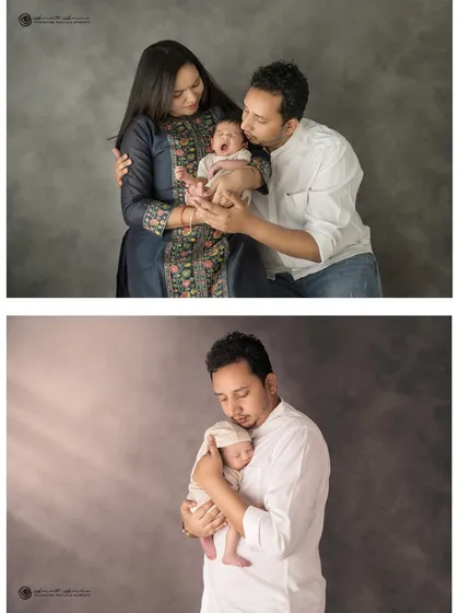 A collage of a new family of three, capturing their first portraits together. Even a little yawn can make for an adorable and memorable photo.
