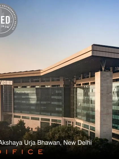 The award-winning Atal Akshaya Urja Bhawan in New Delhi, a government building that achieved LEED Platinum certification. This project is a testament to our leadership in net-positive and energy-efficient architecture on a national scale.