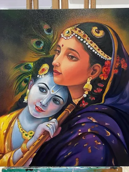 This oil on canvas painting of Yashoda and Krishna is a piece very close to my heart. I focus on capturing the emotion and tenderness in the scene, using the rich texture and blending capabilities of oil paints.