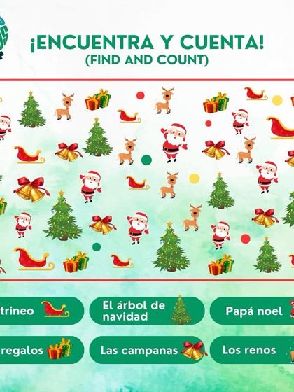 Let's play a Christmas 'Find and Count' game in Spanish. Can you find all the sleighs ('el trineo') and reindeer ('los renos')?