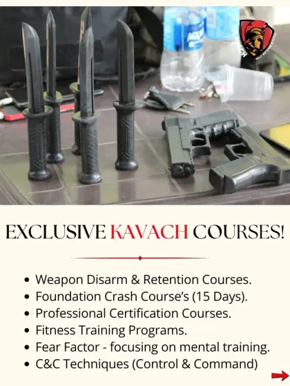 Our exclusive courses cover a range of critical skills. This graphic highlights our specialized programs including Weapon Disarm & Retention, Foundation Crash Courses, and Fear Factor mental training, with training tools like dummy knives and pistols visible.