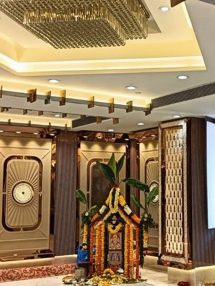The beautiful interior of the newly opened Ashoka Banquet hall in Vashi, featuring a small mandir for puja before the event begins.