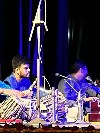 The live music ensemble for a Kathak performance celebrating 10 years of the Aarhayam Dance Foundation.