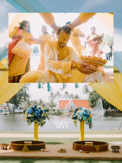 The groom during his Haldi ceremony at a destination wedding. The vibrant yellow against the blue and green of the location looks stunning.