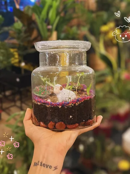 This jar terrarium features a cute little sheep figurine, creating a tiny pasture scene. It's these little details that make our terrariums so special.