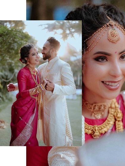 A collage highlighting the bride's joyful smile and the couple's happy dance, capturing the vibrant energy of their wedding.