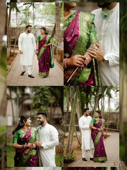A collage of the couple in their beautiful traditional attire for their engagement. The rich colors of the sarees and the lush green background create a stunning visual.