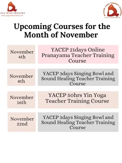 A list of our specialized courses for November, including online Pranayama, Sound Healing, and Yin Yoga TTCs.