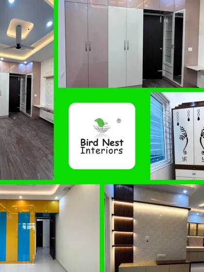 This project collage showcases a modern pooja unit with an elegant Ganesha motif on the doors, alongside other interior elements like a two-tone wardrobe and a stylish living room.