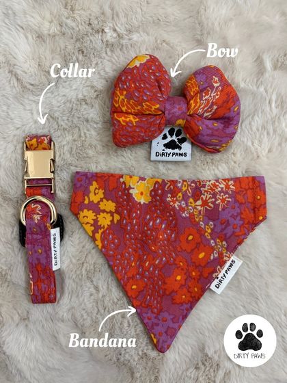 This warm-toned floral set is perfect for any season. It includes a collar, bandana, and bow, all handmade from soft, durable fabric.