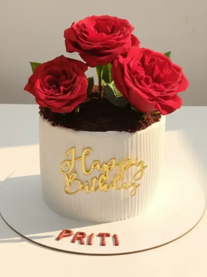 This trending flower pot cake shows my creative side. It’s an elegant and surprising design, with an eggless mixed fruit cake base, light whipping cream, and fresh roses that look like they're growing right out of the pot.