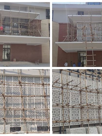 A behind-the-scenes look at a complex facade installation. This collage shows the process of installing intricate GRC (Glass Reinforced Concrete) screens, highlighting the scaffolding and teamwork required.