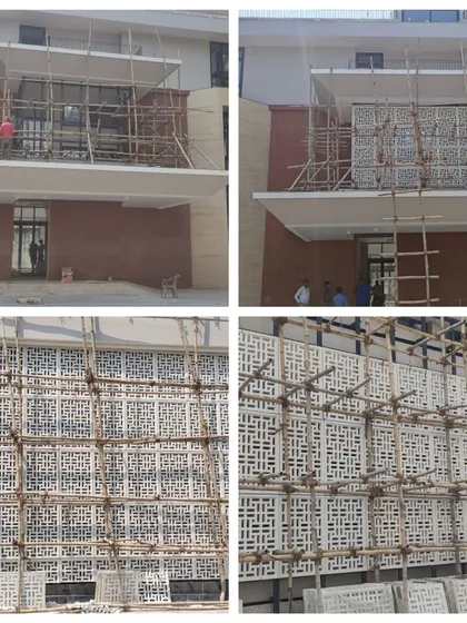 A behind-the-scenes look at a complex facade installation. This collage shows the process of installing intricate GRC (Glass Reinforced Concrete) screens, highlighting the scaffolding and teamwork required.
