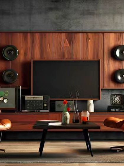 A retro-modern living room concept with a wooden media console and classic leather lounge chairs. The design blends vintage-style audio equipment with contemporary furniture for a unique, character-filled space.