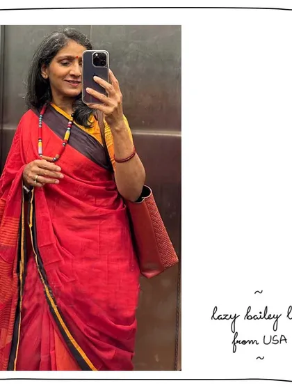 Purnima from the USA looking elegant in a saree with her Lazy Bailey tote in Woven Cranberry. A beautiful fusion of styles.