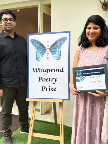 First prize winner Surabhi Naik with her husband in New Delhi to receive her award. Surabhi is a poet and designer interested in using poetry for documentary and transmedia expression.