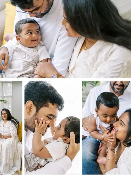 A collage of beautiful, light-filled moments from a seven-month-old's family session in a studio.