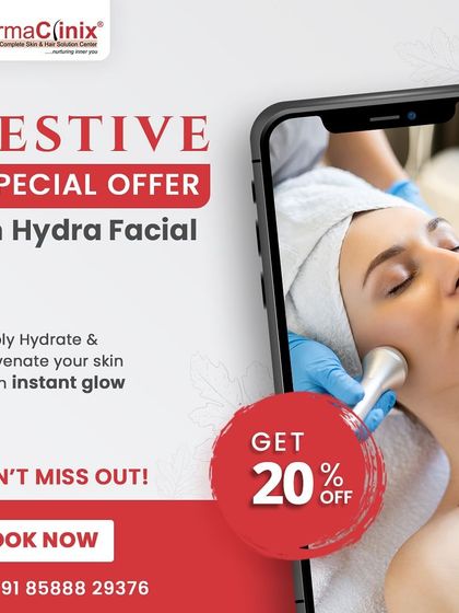 Our festive special offer on HydraFacial. This treatment deeply hydrates and rejuvenates your skin for an instant glow, making it perfect for any special occasion.