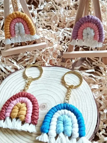 My handmade rainbow keychains are a burst of joy and color. They make for perfect bag charms, unique accessories, or thoughtful return gifts for birthdays and special occasions. Each one is knotted with care and available in custom color combinations.