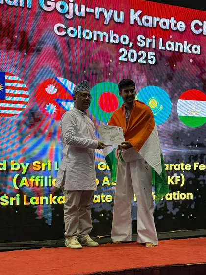Our training prepares students for the world stage. We are incredibly proud of Shandai Manan Parekh for securing a gold medal at the 9th Asian Goju-Ryu Tournament in Colombo, representing our academy and our country with honor.