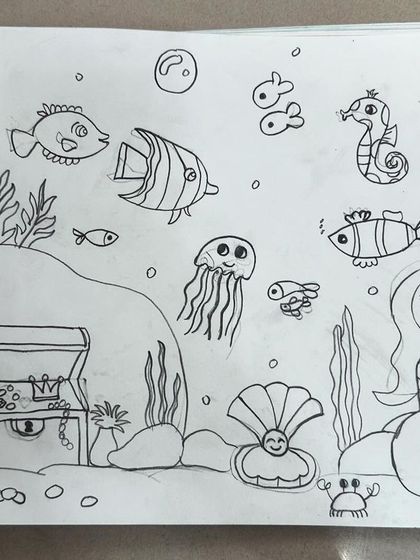 Now drawing is more fun like an interesting story. This is the "before" sketch of the mermaid scene, drawn by a student.