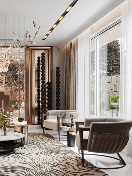 This drawing room render is a study in form and contrast, featuring bespoke seating and layered paneling. The visualization captures the artistic quality of the space, from the sculptural totems to the abstract rug.