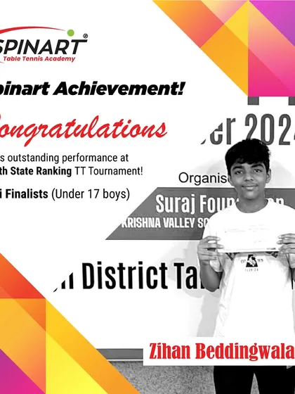Zihan Beddingwala, a semi-finalist in the Under 17 boys category at the 5th State Ranking TT Tournament. We are proud of his strong performance and potential.