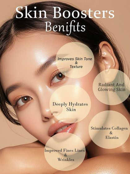Skin boosters help you glow from within. This graphic highlights the main benefits: improved skin tone and texture, deep hydration, stimulated collagen, and reduced fine lines for a radiant look.