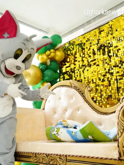 Adding extra fun with a Tom mascot character, perfect for interacting with kids at a Tom and Jerry themed party.