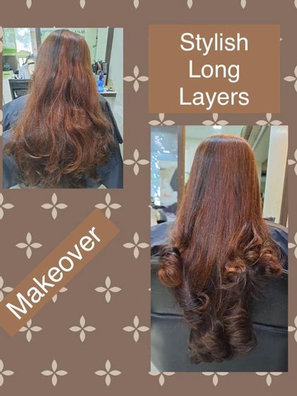 A simple way to refresh long hair is with stylish long layers and a new global color. We applied a rich auburn shade all over and added layers to create movement and shape, finishing with curled ends.