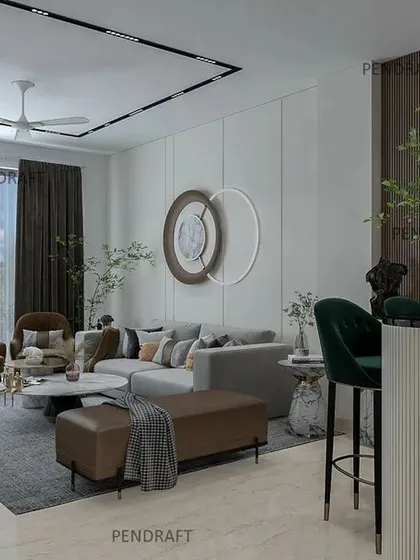 Another perspective of the living room with the integrated bar, showing how it creates a social hub without disrupting the overall flow and aesthetic of the space.